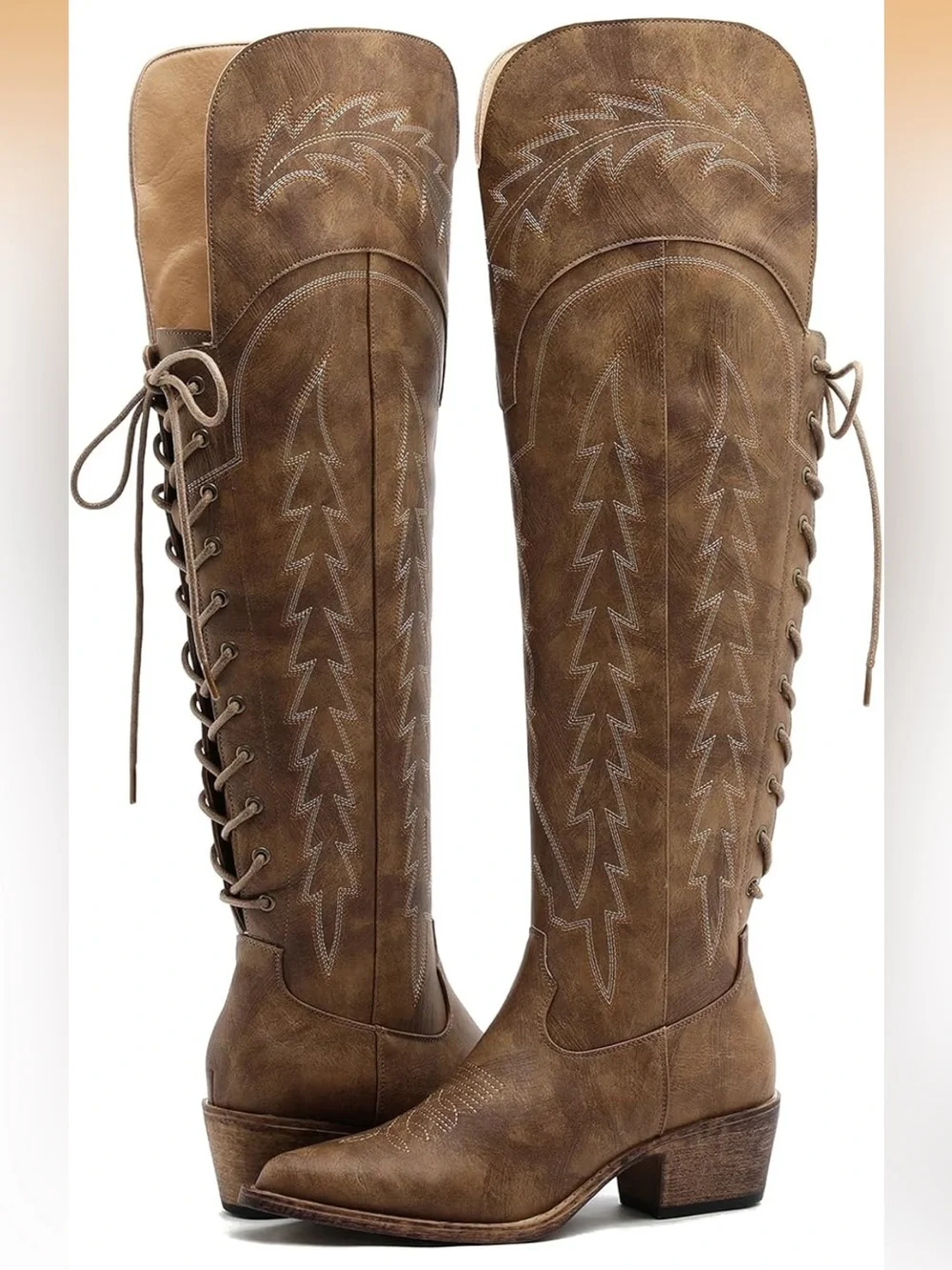 Brown Lace-Up Western Over Knee Boots